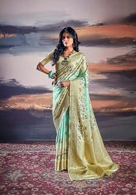 Light Turquoise Zari Woven Silk Saree Set