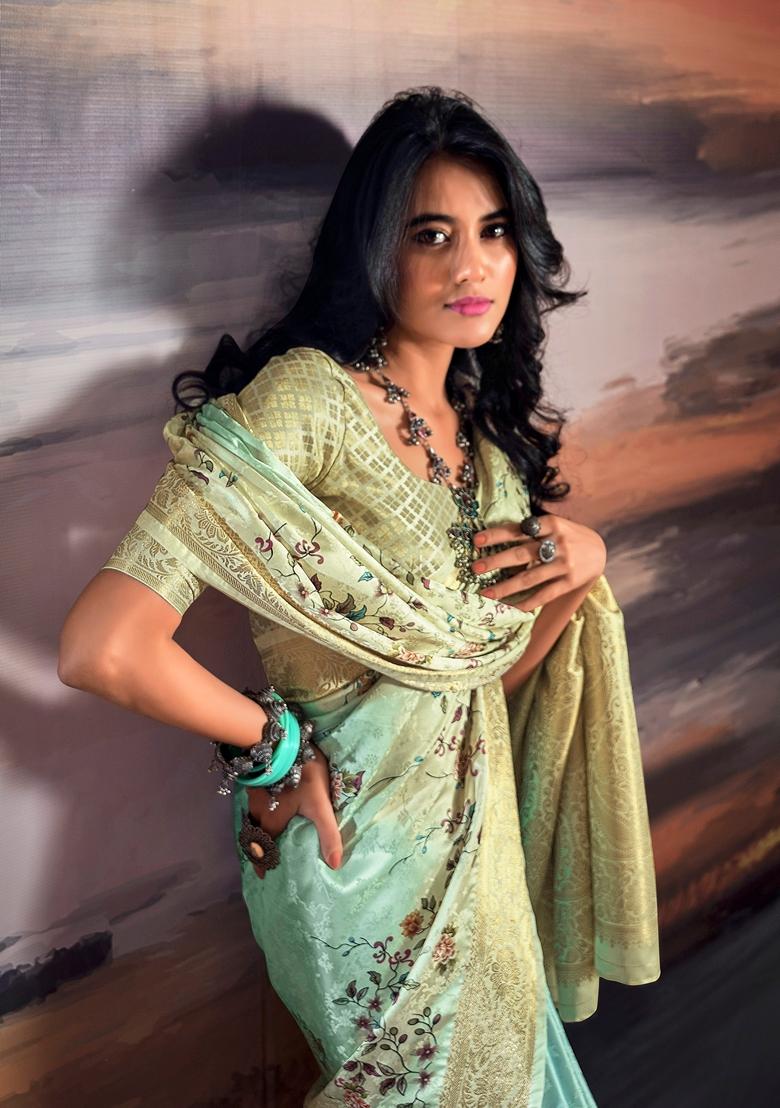 Light Turquoise Zari Woven Silk Saree Set