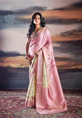 Baby Pink Zari Woven Silk Saree Set