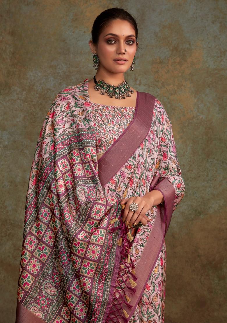 Pink Zari Woven Silk Saree Set