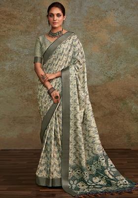 Grey Zari Woven Silk Saree Set