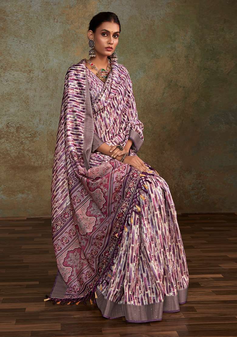 Purple Zari Woven Silk Blend Saree Set for Diwali and Festive Wear - Indya