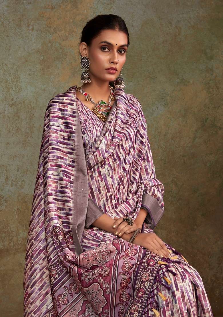 Purple Zari Woven Silk Blend Saree Set for Diwali and Festive Wear - Indya