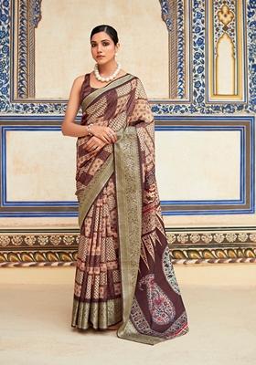 Brown Zari Woven Silk Saree Set