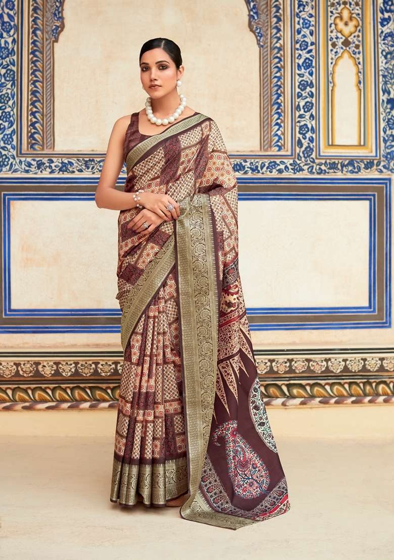 Brown Zari Woven Silk Blend Saree Set for Diwali | Wedding & Festive Wear - Indya