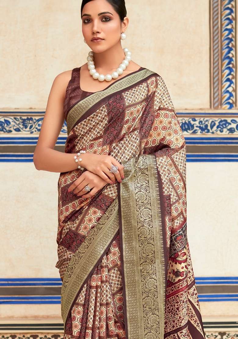 Brown Zari Woven Silk Blend Saree Set for Diwali | Wedding & Festive Wear - Indya