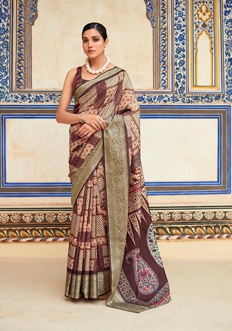 Brown Zari Woven Silk Saree Set