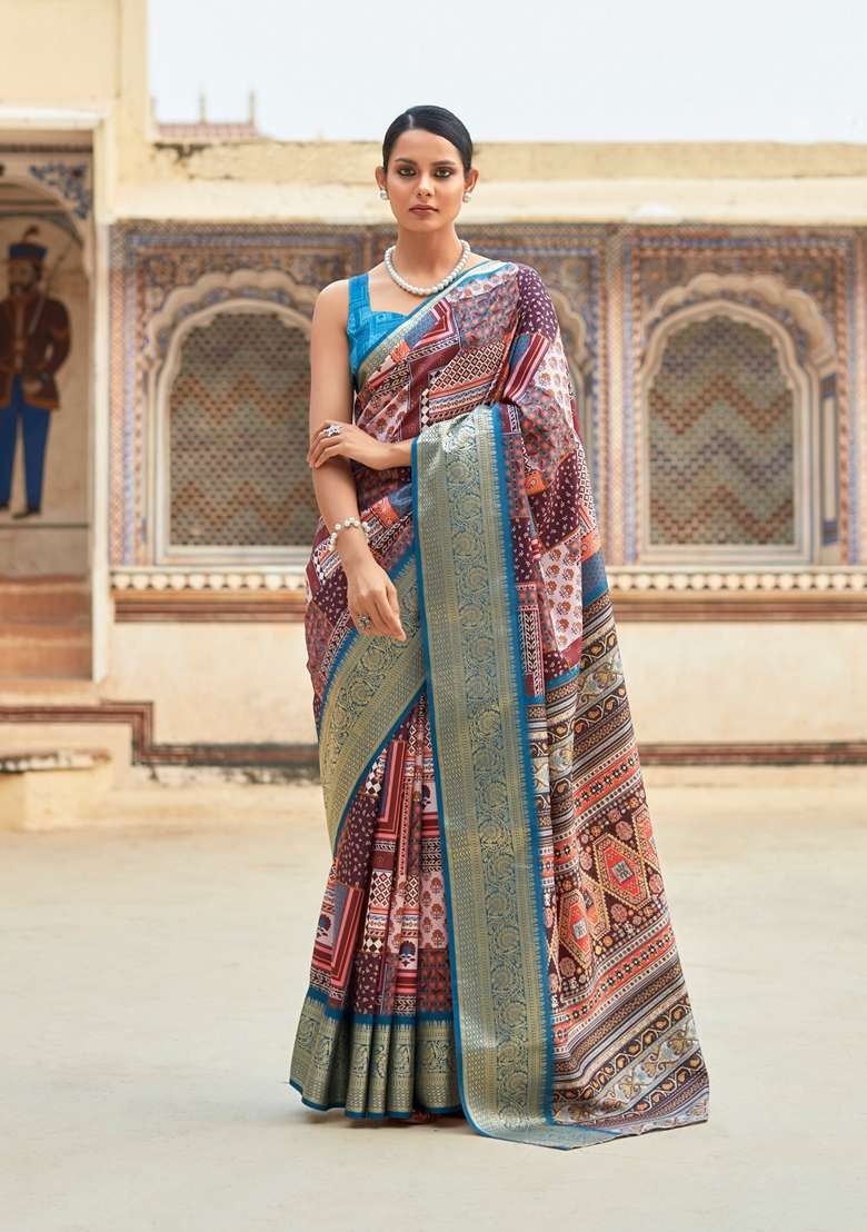 Blue Zari Woven Silk Blend Saree Set for Diwali | Wedding & Festive Wear - Indya