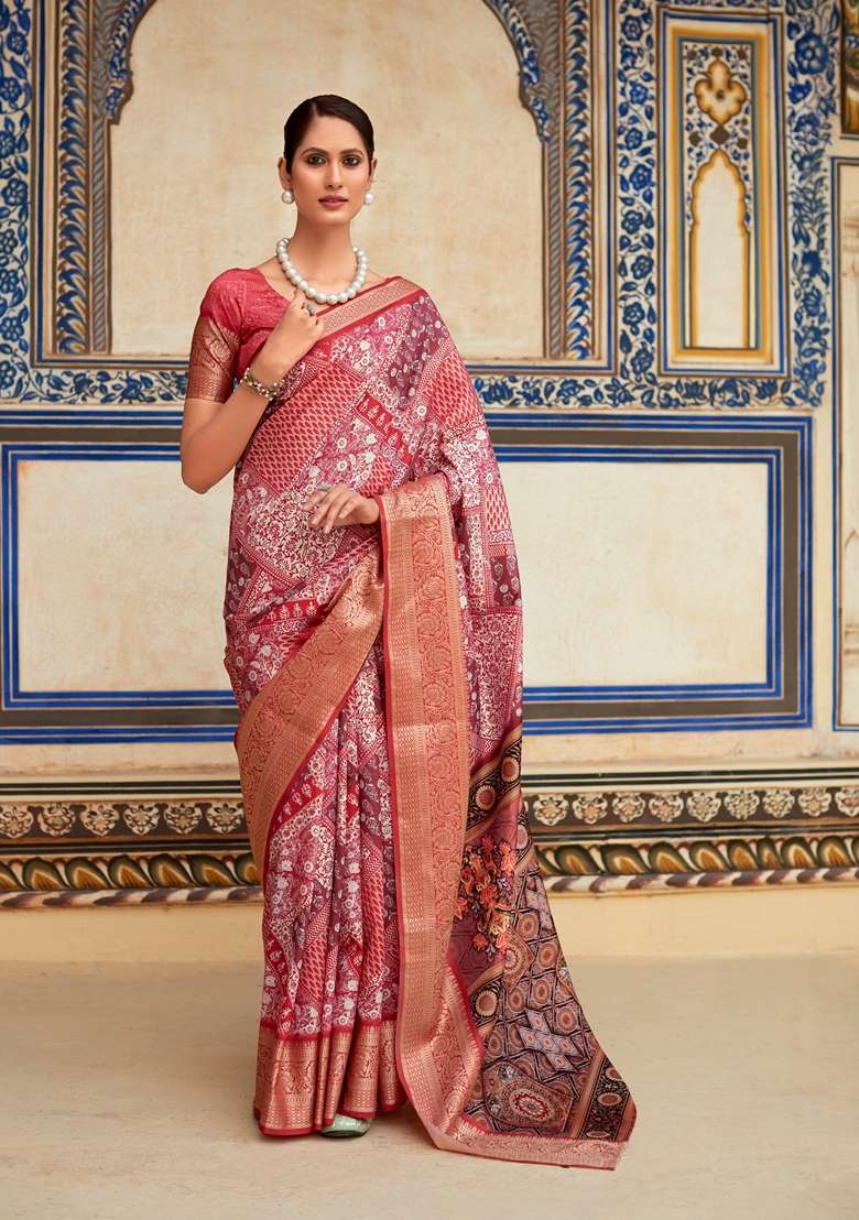 Red Zari Woven Silk Blend Saree Set for Diwali | Wedding & Festive Wear - Indya