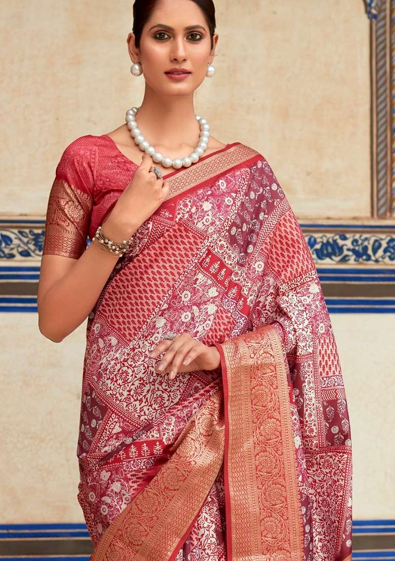 Red Zari Woven Silk Blend Saree Set for Diwali | Wedding & Festive Wear - Indya