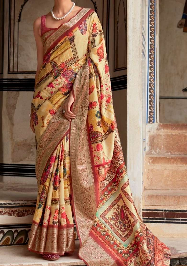 Yellow Zari Woven Silk Blend Saree Set for Diwali and Festive Wear - Indya