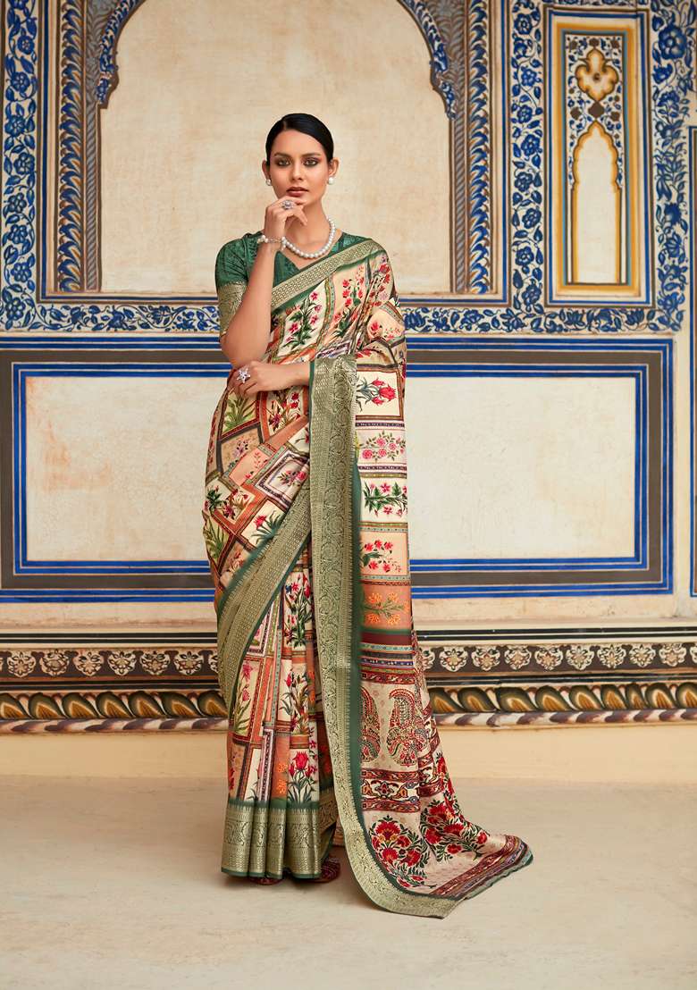Dark Green Zari Woven Silk Blend Saree Set for Diwali | Wedding & Festive Wear - Indya