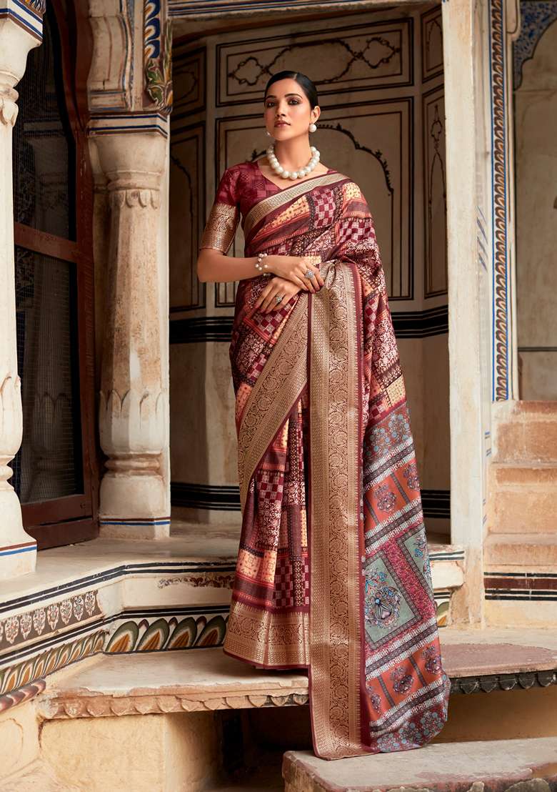Maroon Zari Woven Silk Blend Saree Set for Diwali and Festive Wear - Indya