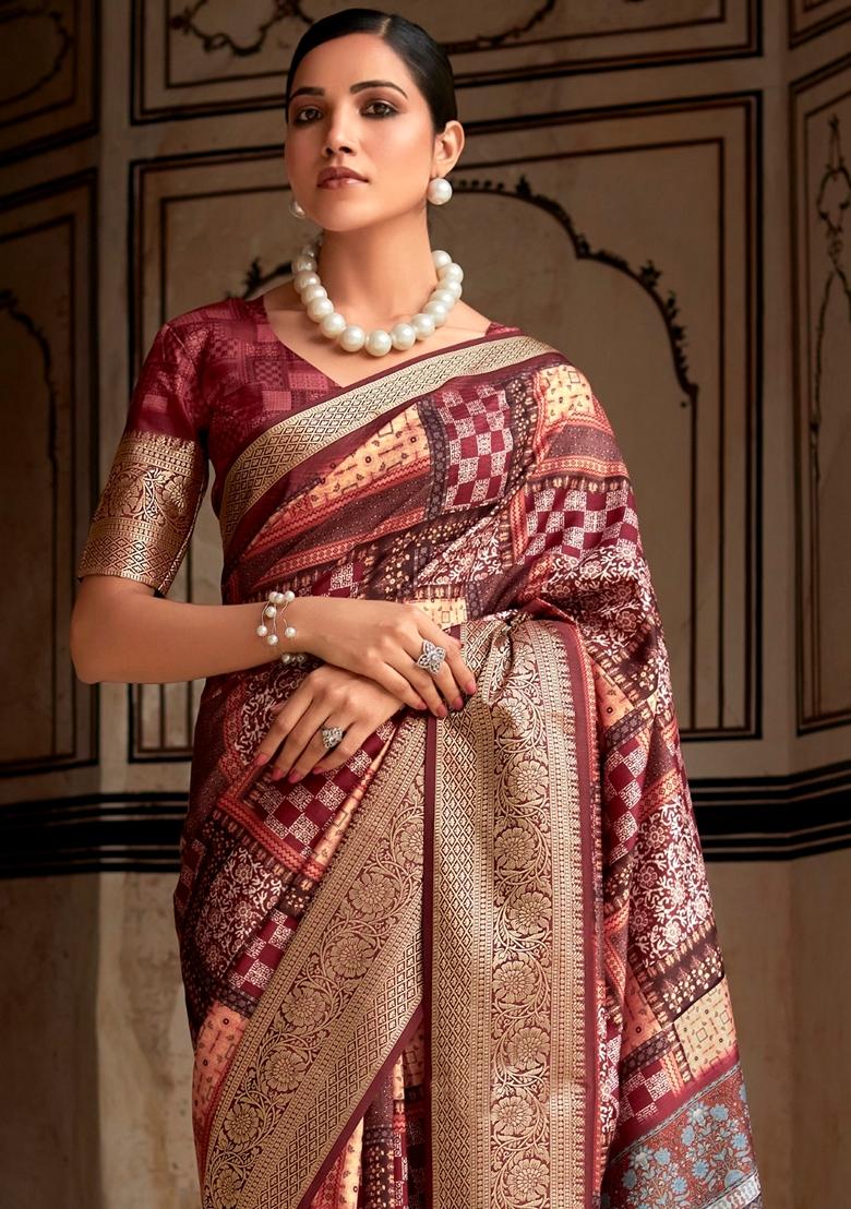 Maroon Zari Woven Silk Saree Set