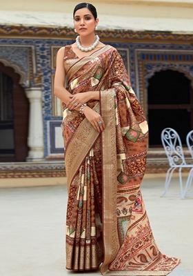 Dark Brown Zari Woven Silk Saree Set