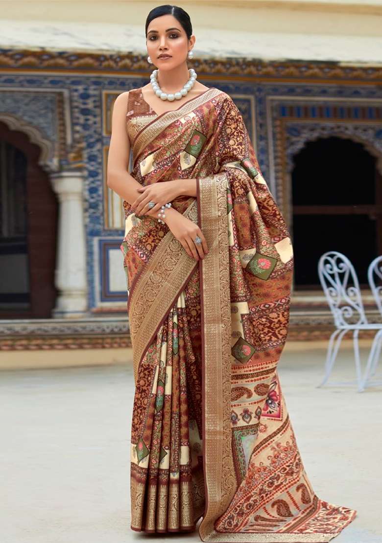 Dark Brown Zari Woven Silk Blend Saree Set for Diwali | Wedding & Festive Wear - Indya
