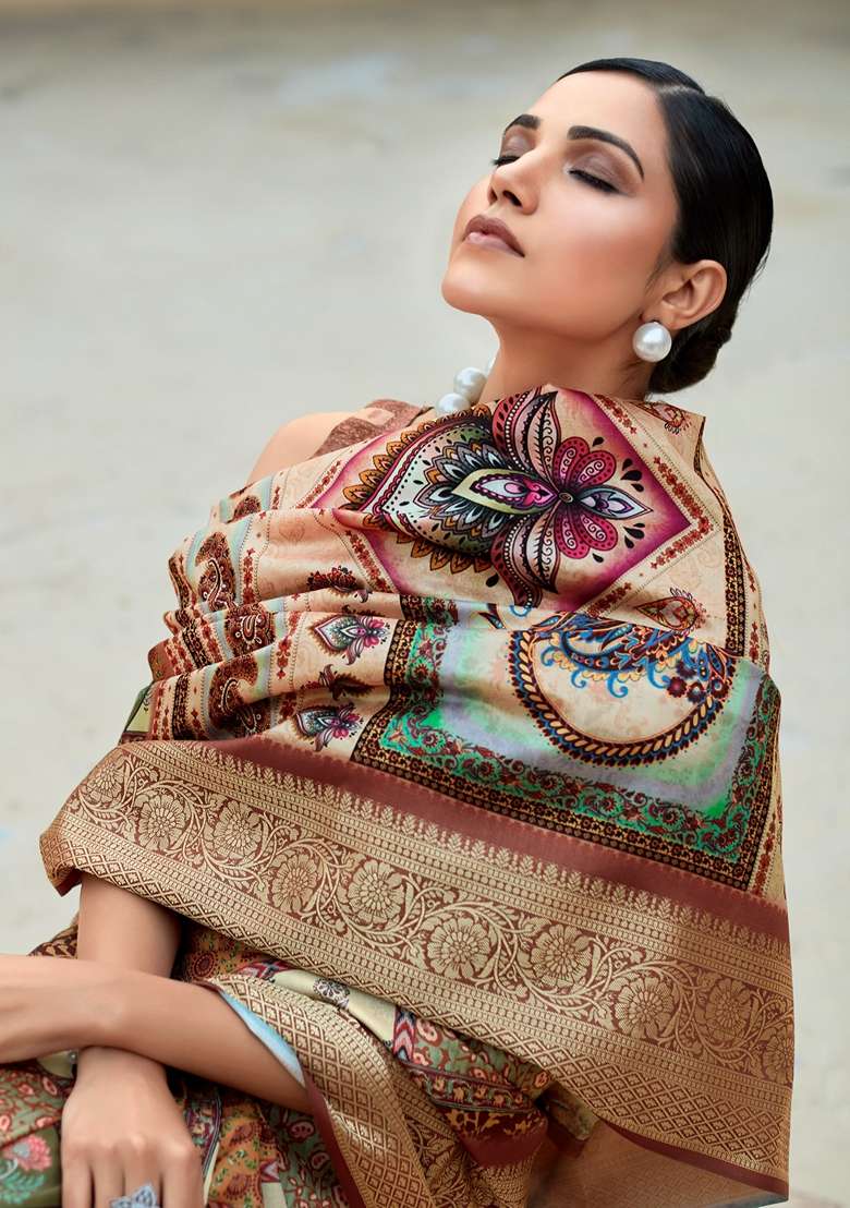 Dark Brown Zari Woven Silk Blend Saree Set for Diwali | Wedding & Festive Wear - Indya