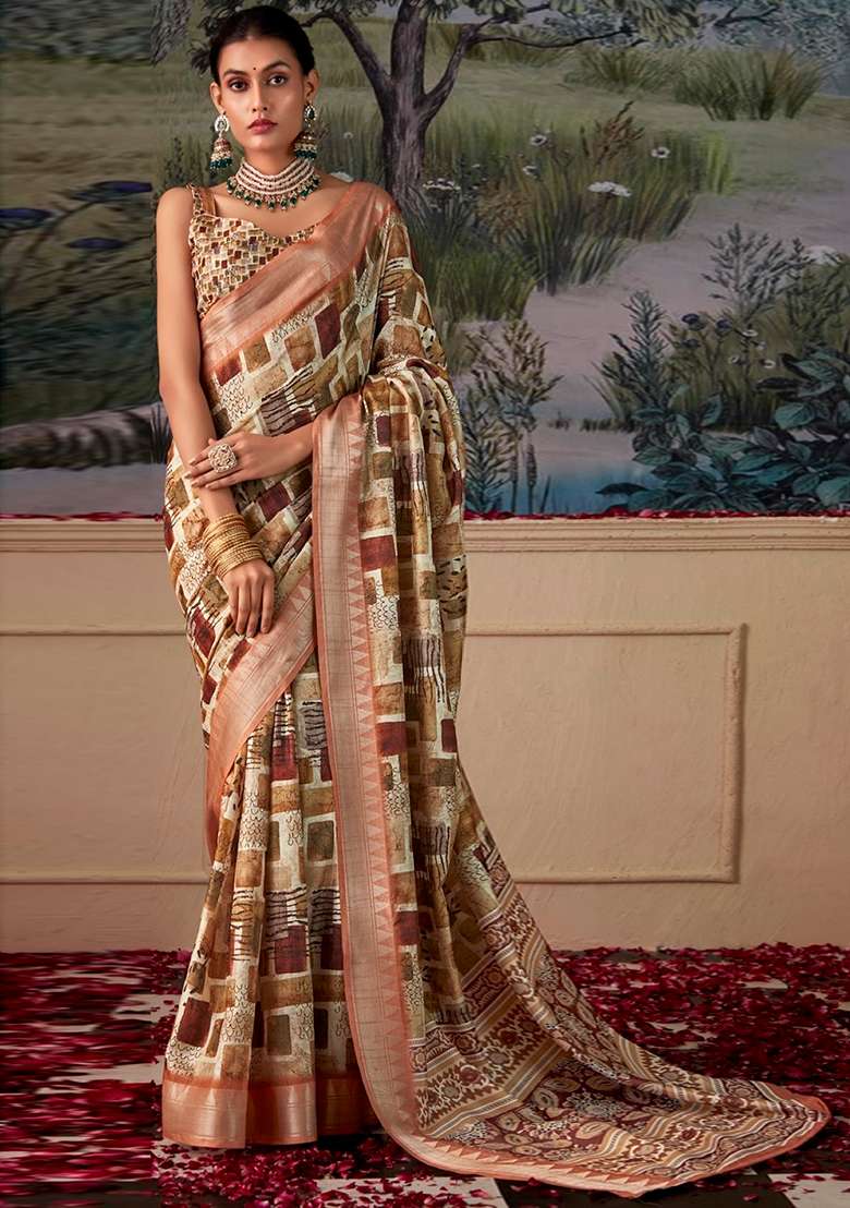 Brown Zari Woven Silk Saree Set - Indya