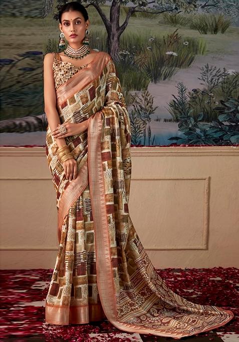 Brown Zari Woven Silk Saree Set