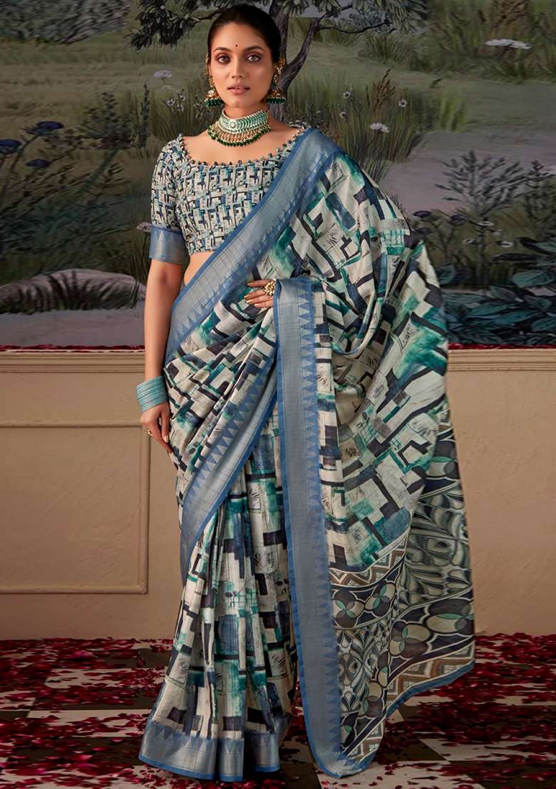 Dark Blue Zari Woven Silk Saree Set - Indya