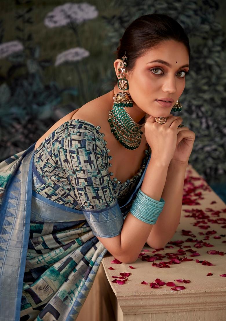 Dark Blue Zari Woven Silk Saree Set