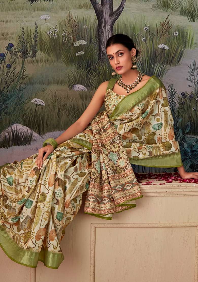 Green Zari Woven Silk Saree Set - Indya