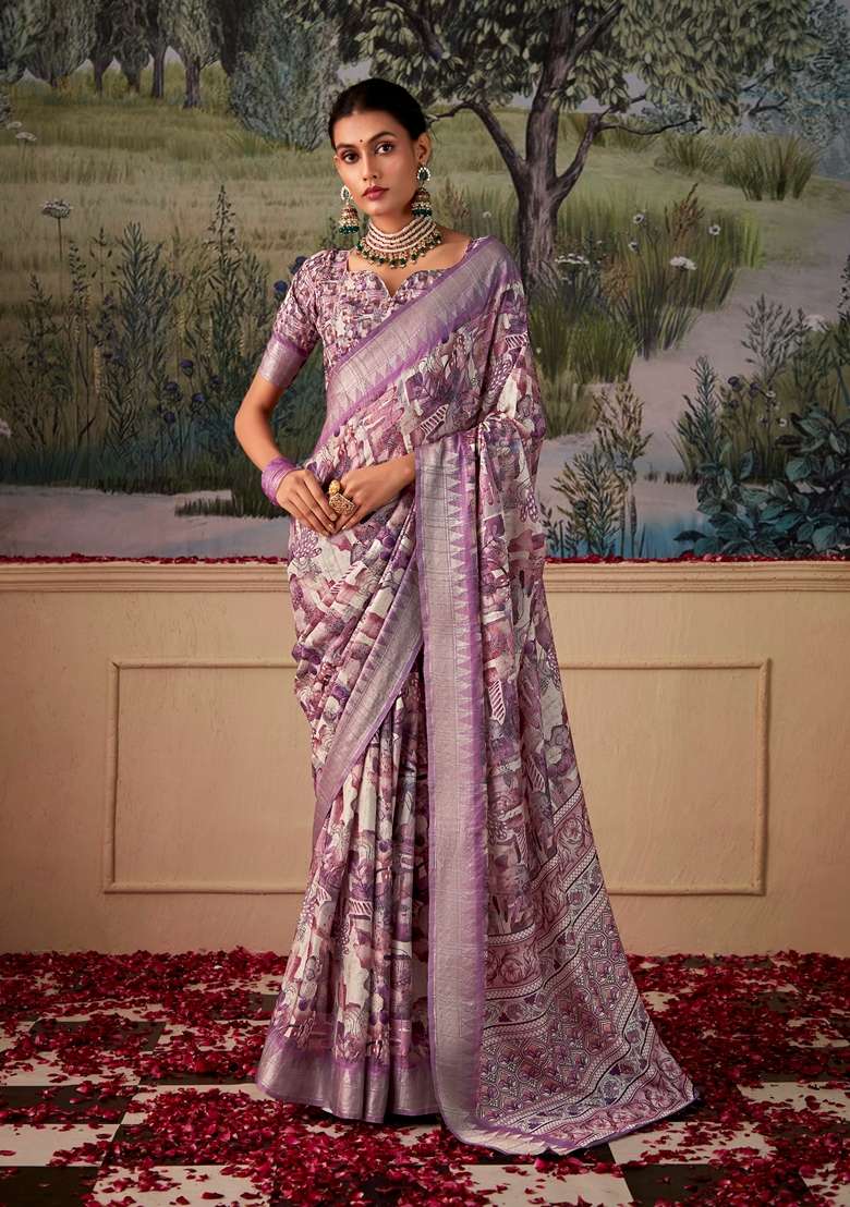 Lavender Zari Woven Silk Saree Set - Indya