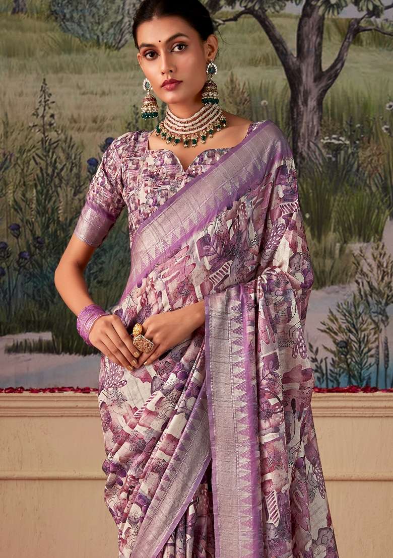 Lavender Zari Woven Silk Saree Set - Indya