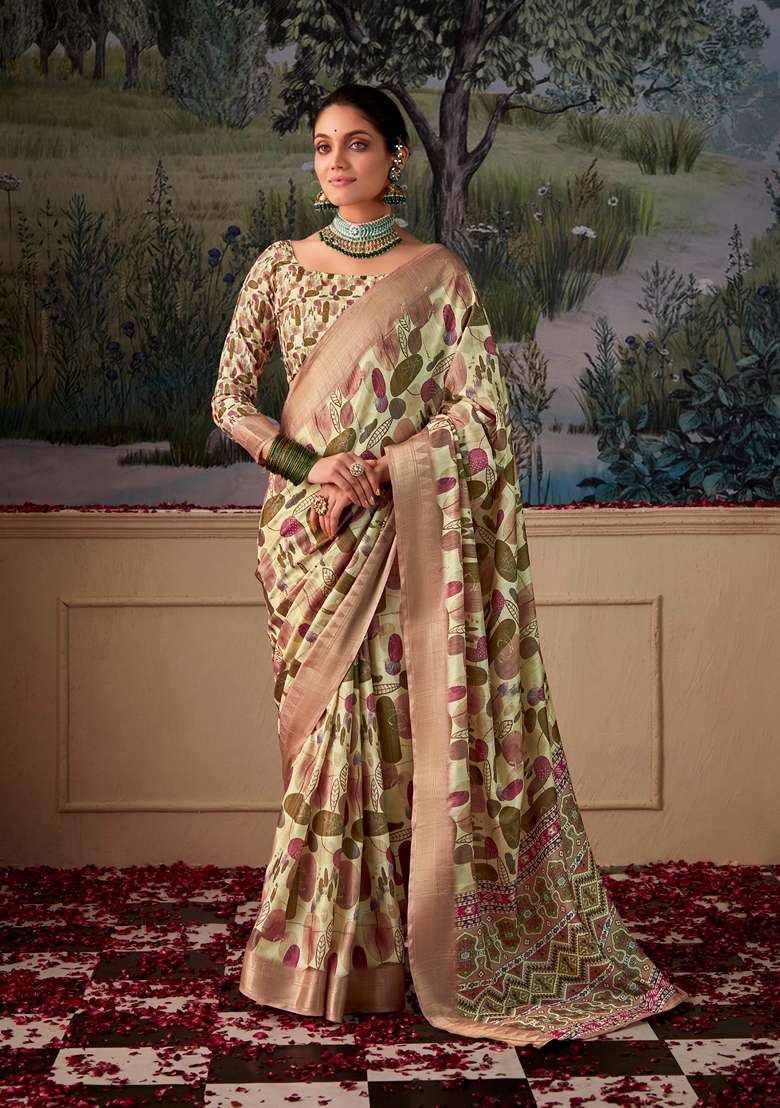 Light Green Zari Woven Silk Saree Set - Indya