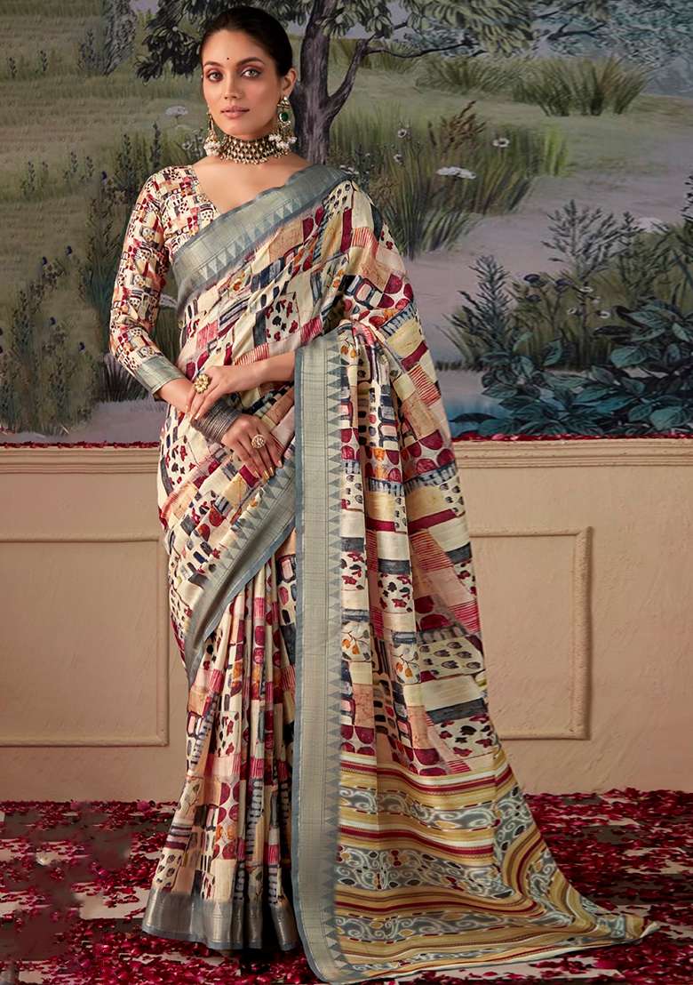 Off White Zari Woven Silk Saree Set - Indya