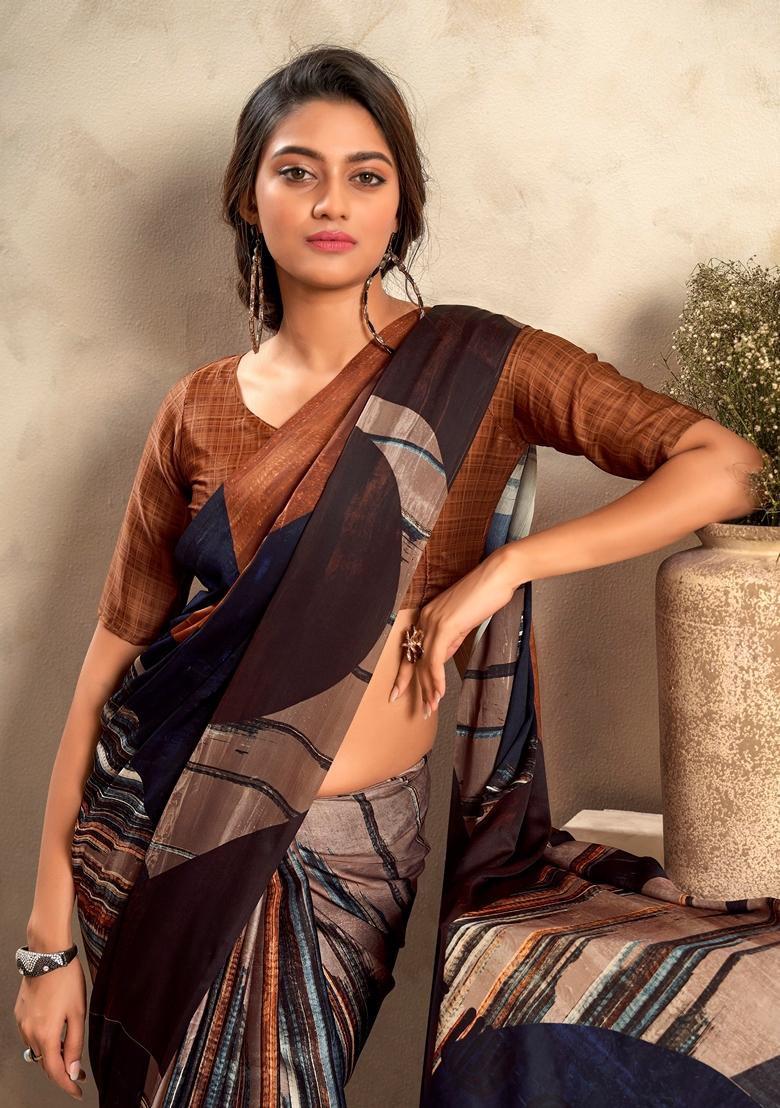 Brown Zari Woven Silk Saree Set