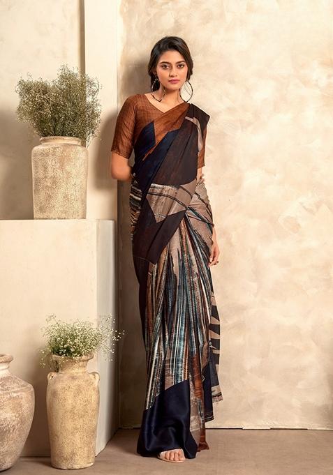 Brown Zari Woven Silk Saree Set