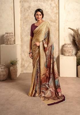 Dark Cream Zari Woven Silk Saree Set