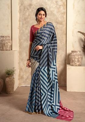 Dark Navy Blue Zari Woven Silk Saree Set