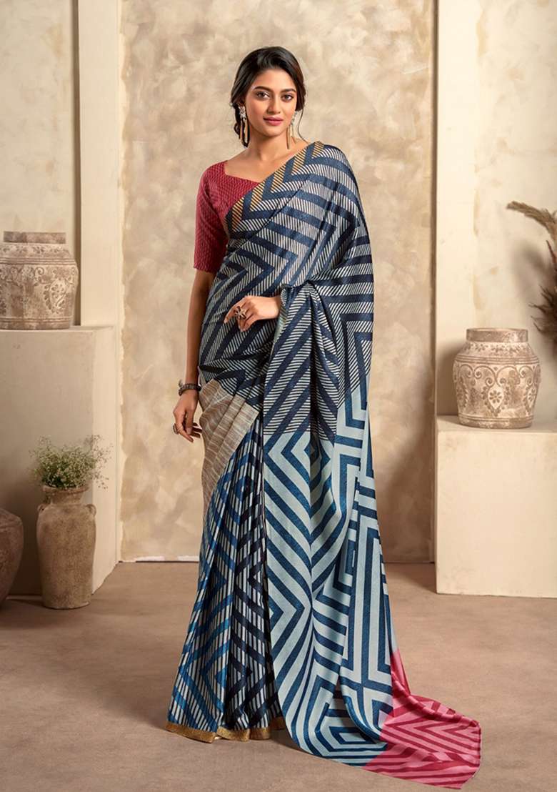 Dark Navy Blue Zari Woven Silk Blend Saree Set for Diwali and Festive Wear - Indya