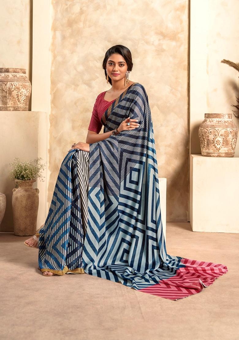 Dark Navy Blue Zari Woven Silk Saree Set
