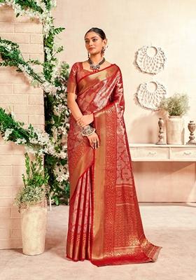 Dark Red Zari Woven Silk Saree Set