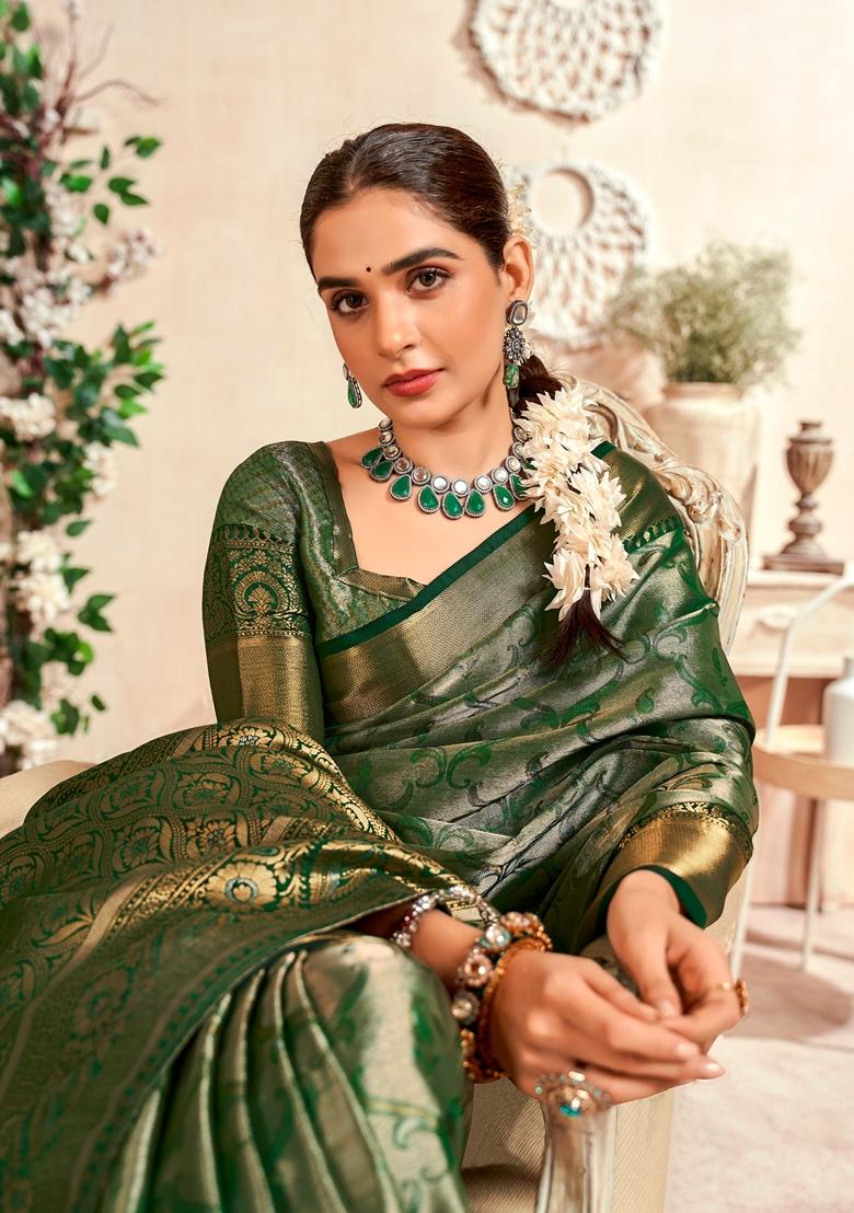 Dark Green Zari Woven Silk Saree Set