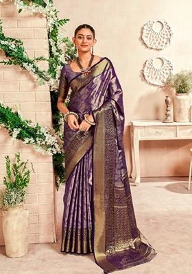 Dark Violet Zari Woven Silk Saree Set