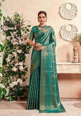 Dark Turquoise Zari Woven Silk Saree Set
