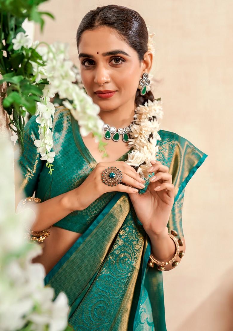 Dark Turquoise Zari Woven Silk Saree Set