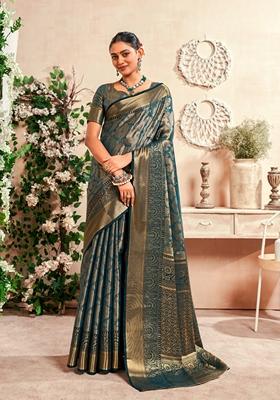 Dark Blue Zari Woven Silk Saree Set