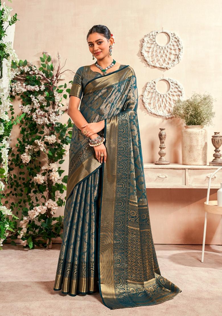 Dark Blue Zari Woven Silk Saree Set