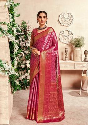 Dark Pink Zari Woven Silk Saree Set