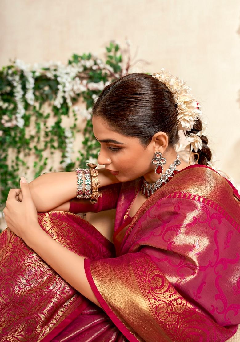 Dark Pink Zari Woven Silk Saree Set