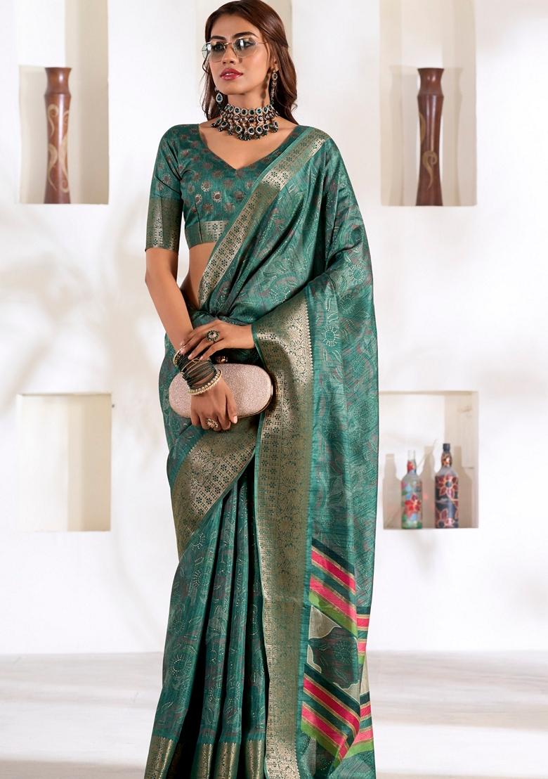 Dark Turquoise Zari Woven Silk Saree Set