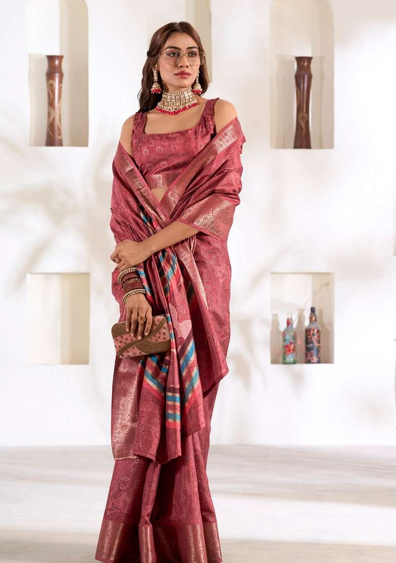 Dark Pink Zari Woven Silk Blend Saree Set - Indya