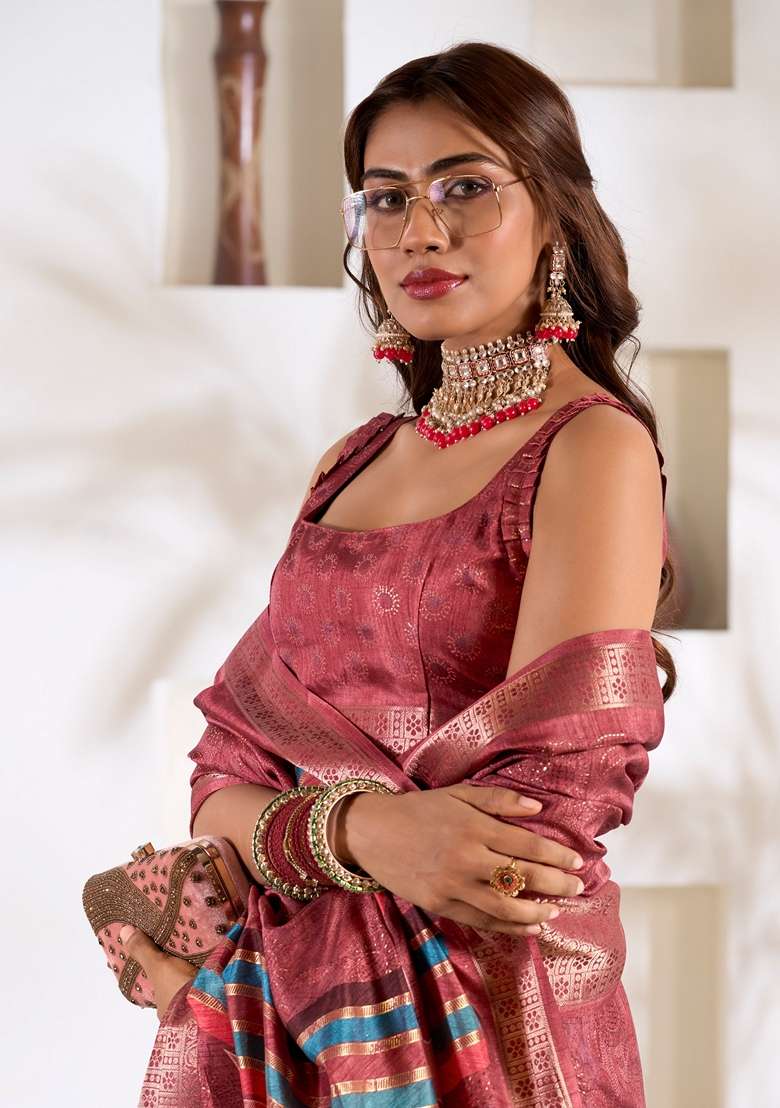 Dark Pink Zari Woven Silk Blend Saree Set - Indya