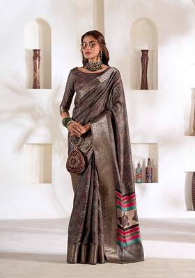 Dark Grey Zari Woven Silk Saree Set