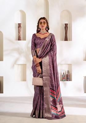 Dark Lavender Zari Woven Silk Saree Set